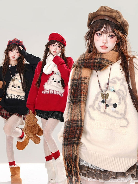 Milk Yellow/Black/Red Cute Puppy Pattern Loose Sweater