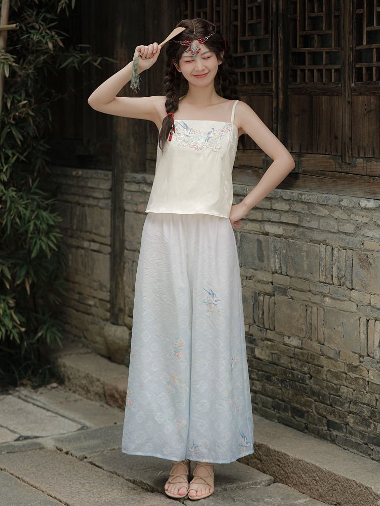 Print Leg Chiffon Gradient Blue Wide Floral Pants