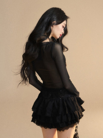 Rhinestone Embellished Glamorous Top Black V-neck Butterfly Embroidery