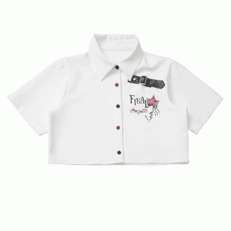 Version Black Buttons Red Long/Short Short Sleeves Shirt and Contrast Leather Buckle Strap White