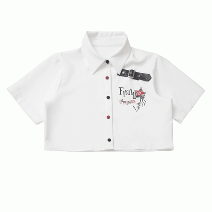 Version Black Buttons Red Long/Short Short Sleeves Shirt and Contrast Leather Buckle Strap White