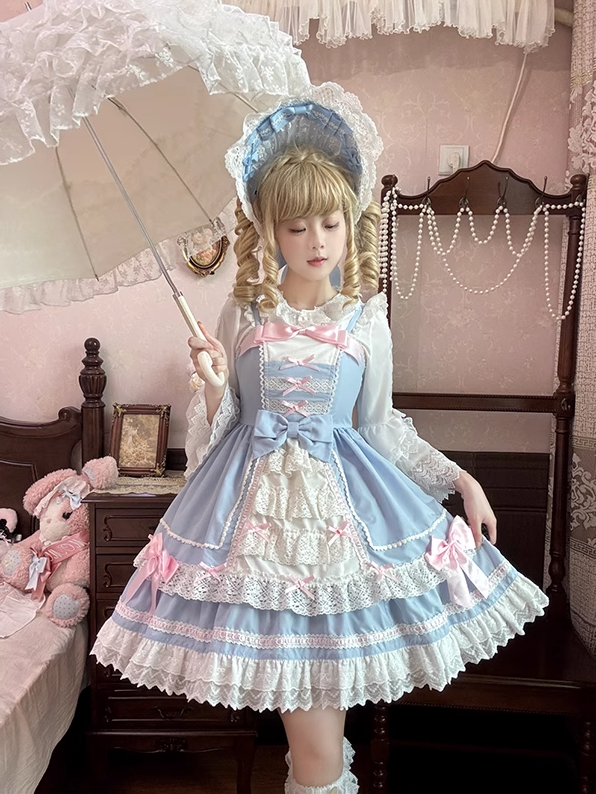 Lace Tiered Trim Sweet Lolita Dress Pink Bowknots Blue JSK