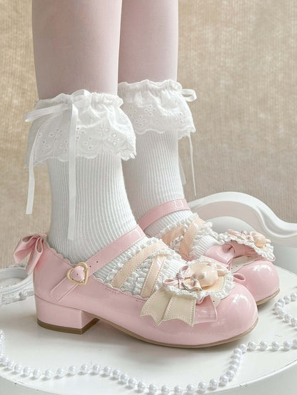 Schleifen Akzente Pink Jane PU Licht Mary Süße Schuhe mit