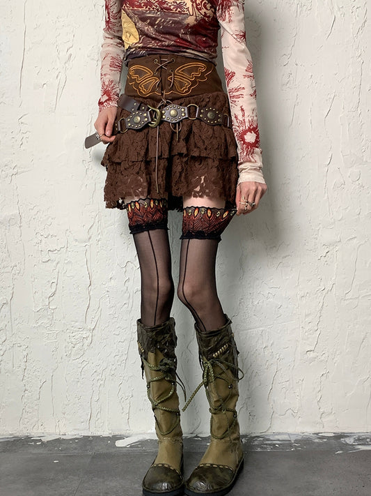 Black Peacock Trim Stockings Y2K Feather Pattern Overknee Lace
