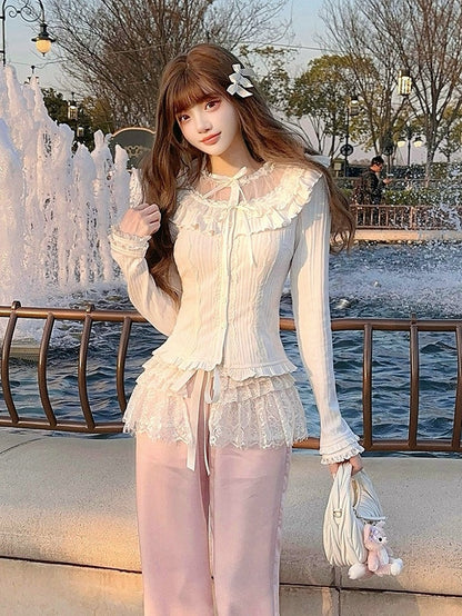 Vintage Knit Bow White Cardigan Ruffled Lace
