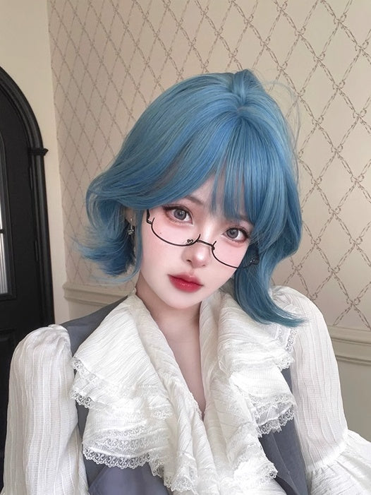 Blue 29CM Short Wig With Air Bangs