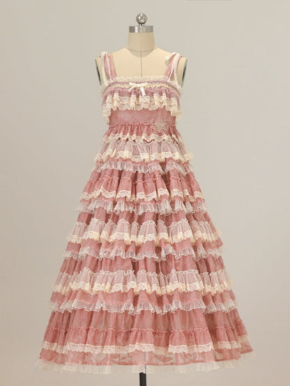 Sweet Dress Pink Adjustable Multi-Layered Ruffle with Lolita and Straps Goldfish Embroidery