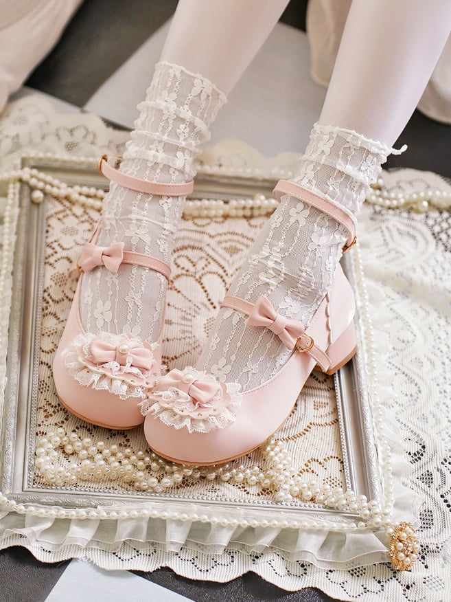 Toe Trim Heart Top Lace Bow Pink at Baby Buckles Lolita Round