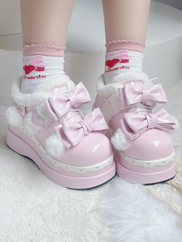 Lolita Pink Cute Heart Bowknot Platform Shoes With Pompons