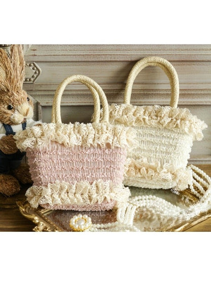 Beige/Pinke Handtasche Ländlich mit Spitzenbesatz und Rüschen