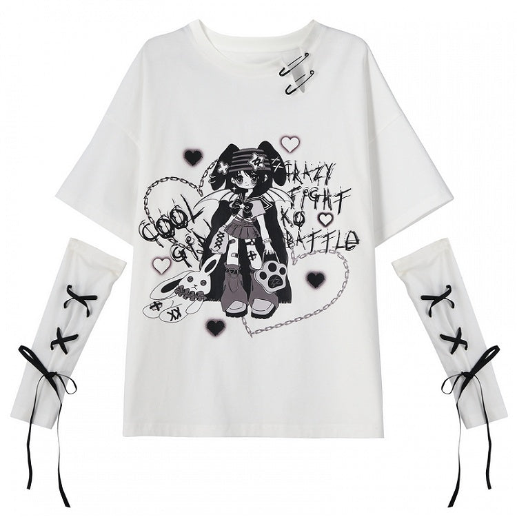 Lace-up with Neckline Detail Punk Girl Print Slit Gloves White Y2K T-Shirt