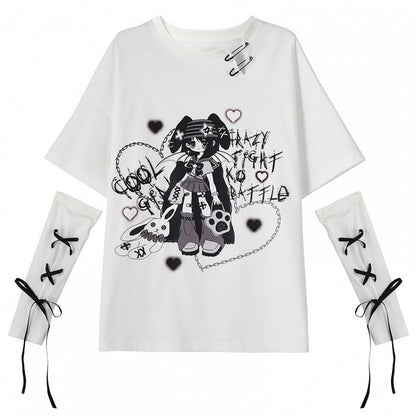 Lace-up with Neckline Detail Punk Girl Print Slit Gloves White Y2K T-Shirt