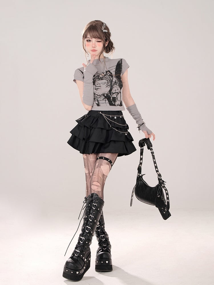 Character Print and Matching Fingerless Gray Mock Neck T-shirt with Manga Gloves