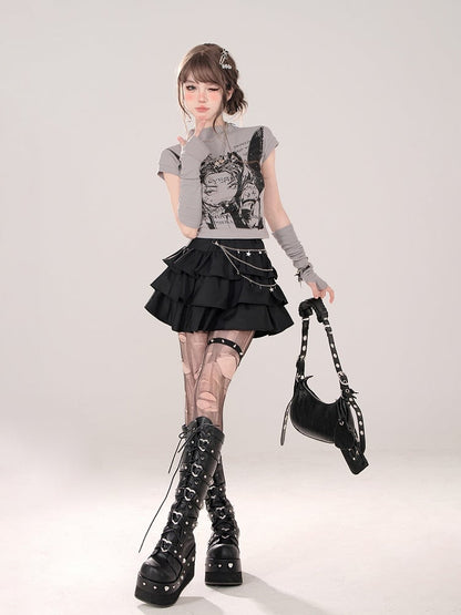 Character Print and Matching Fingerless Gray Mock Neck T-shirt with Manga Gloves