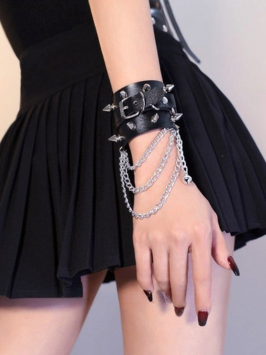 Gothic Black Studs Cyberpunk Wristband Bracelet with Chains