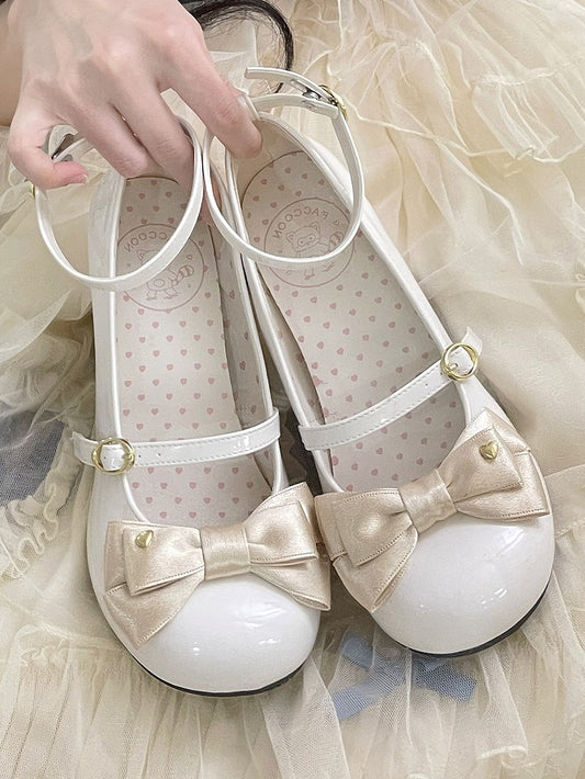 Champagne Sweet Janes White Heel Lolita Block Mary High Heart-Decorated PU Bow in Leather