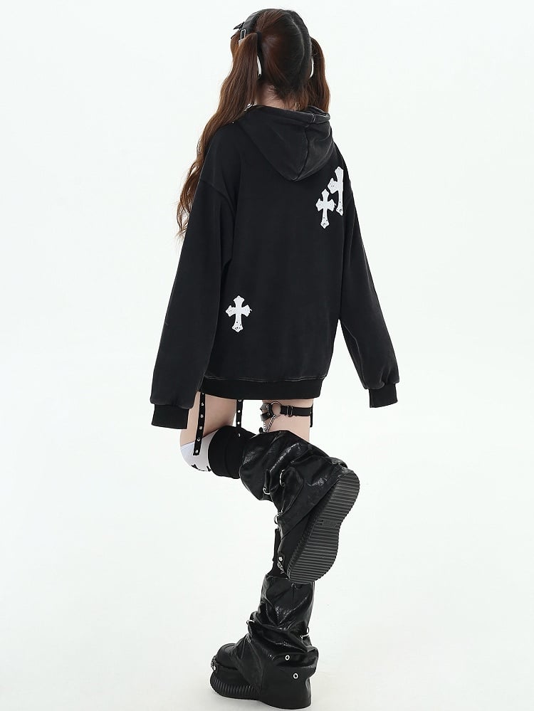 Black/Wine Red Crosses Print Graphic Hoodie