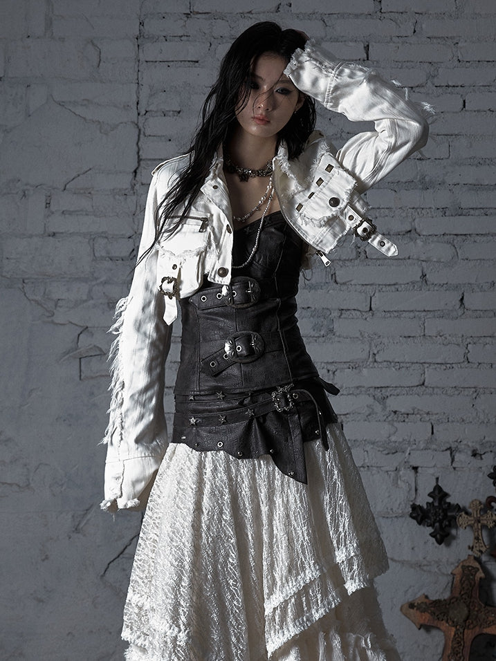 Studs Buckle Decorated And Wasteland Cropped White Punk Jacket