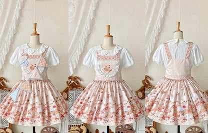 Beige Sweet Teddy Bear and Dessert Lolita Overall Dress