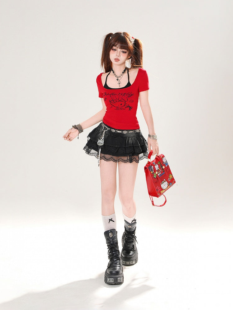 Top T-shirt Halter Print Set Bunny Red/White Neck Black with
