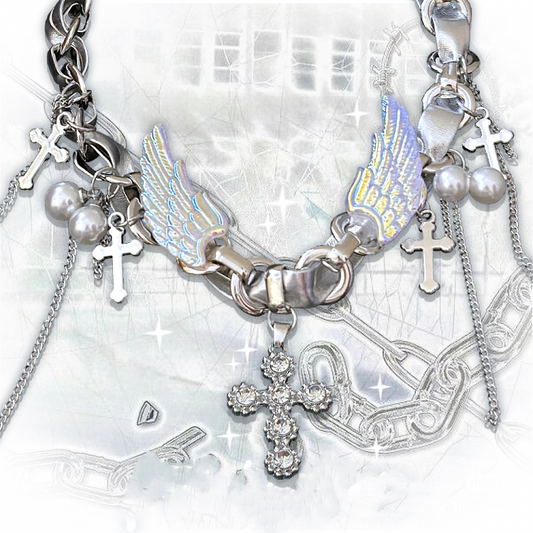 Angel Silver Wings Crosses Cyberpunk Y2K Necklace