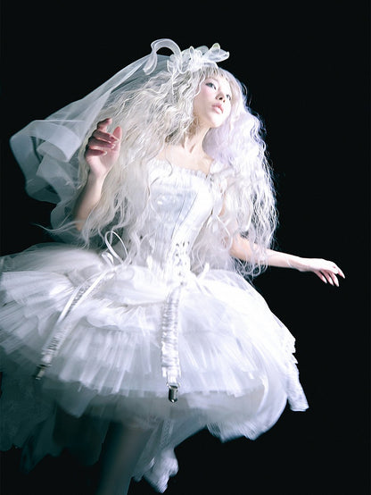 White Lace-up Details Boned Corset Top + High-low Layered Lolita Skirt
