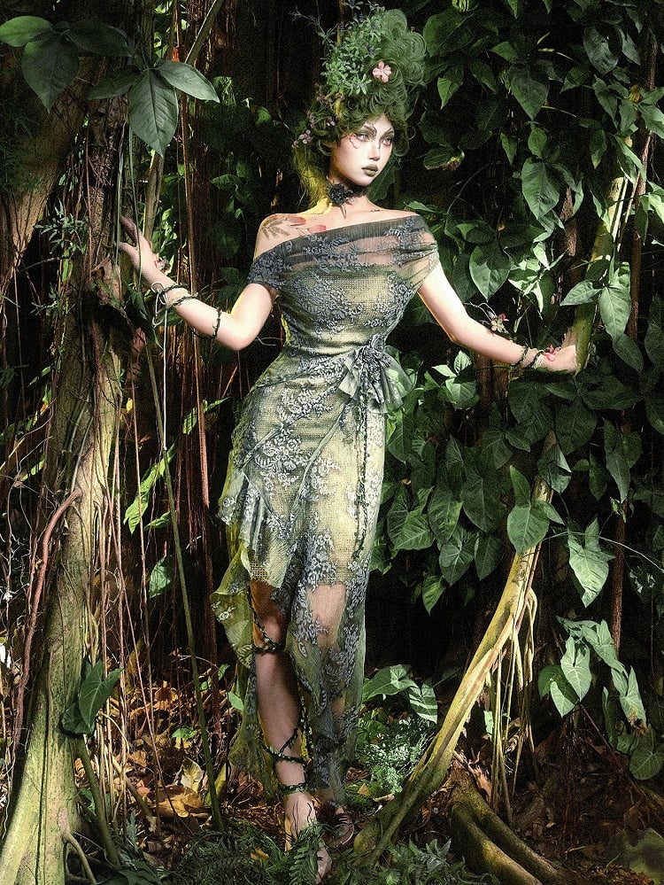Green Cascading Fairy Forest Dress Neckline Slit Goth Off-the-shoulder Flounce