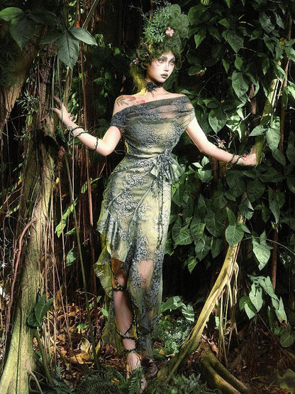 Green Cascading Fairy Forest Dress Neckline Slit Goth Off-the-shoulder Flounce