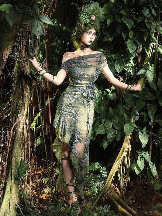 Green Cascading Fairy Forest Dress Neckline Slit Goth Off-the-shoulder Flounce