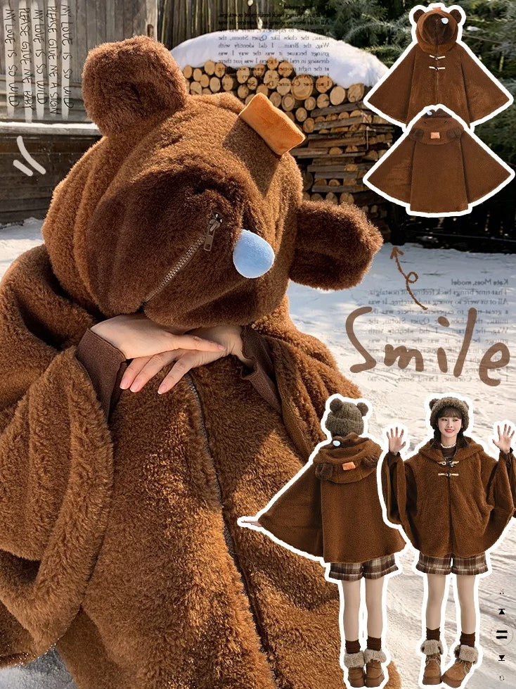 Brown Cute Capybara Hood Zip Closure Fleece Hooded Cape