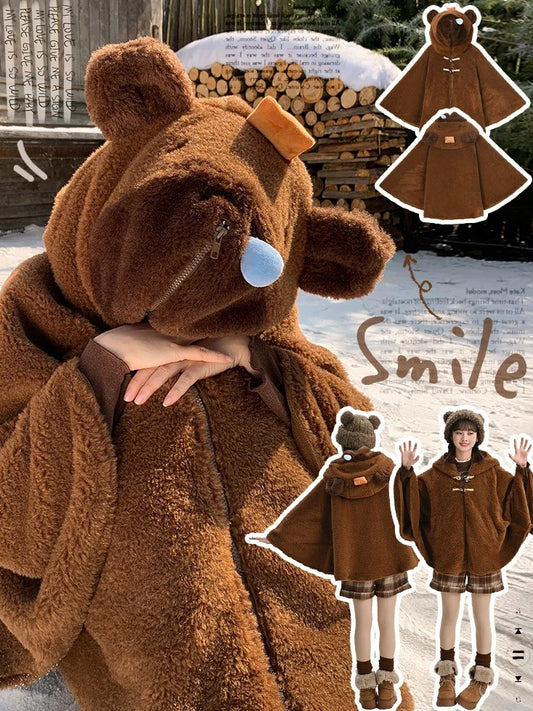 Brown Cute Capybara Hood Zip Closure Fleece Hooded Cape