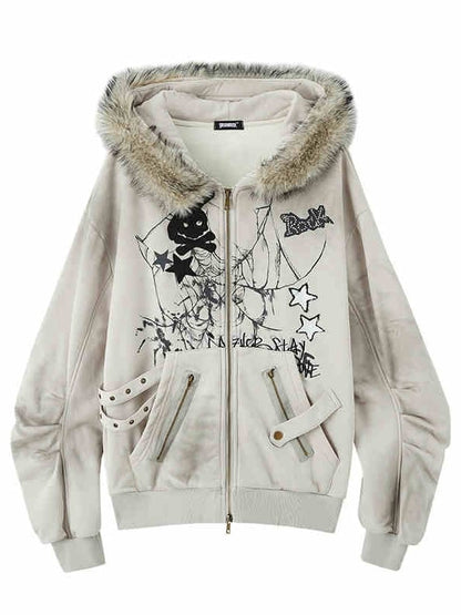 Kapuzenpullover mit Spinnennetz-Reißverschluss und Punk-Häschen-Fleece, graue Ohren, Rock-Print, Skelett