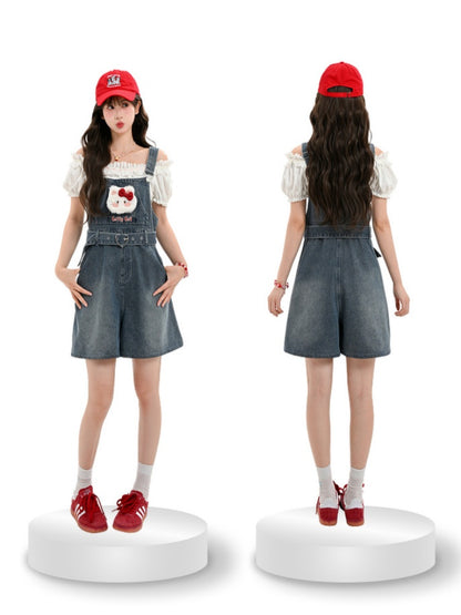 Heart Shorts Plush Kitty Denim Dark Blue Faded Buckle Wash Belt Overall with
