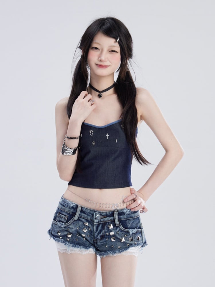 Cropped Denim Blue Halter Neck Metal Top Charms