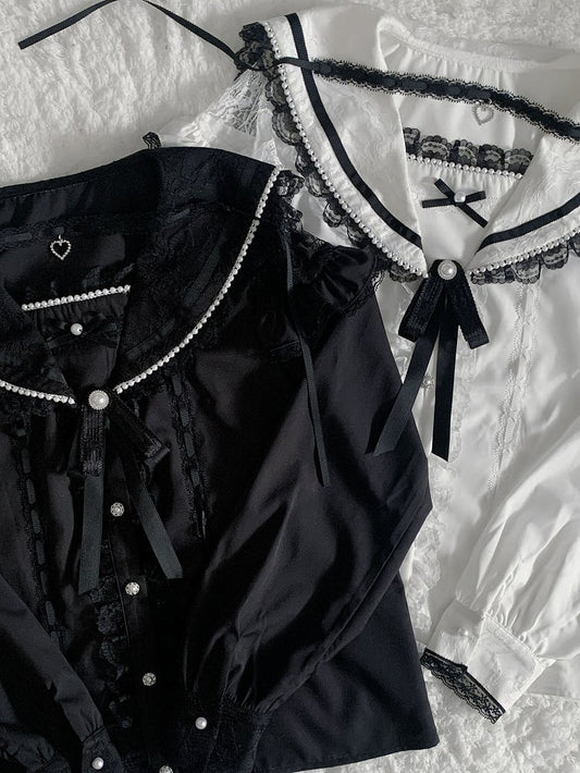Pendant Trim Blouse Lace with Jirai Kei Black/White Sailor Collar Cutout Choker Shoulder Heart