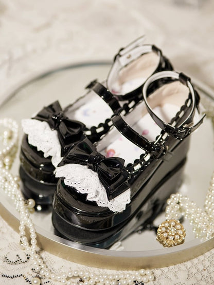 Platforms Bow Black Top Lace at Trim Buckles Heart