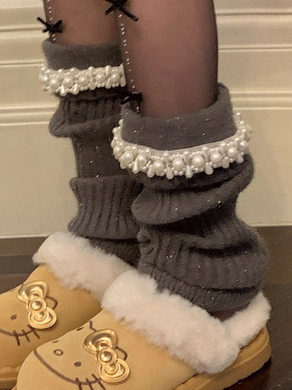 Sweet Ruffled Cuff Knitted Leg Warmers With Beads
