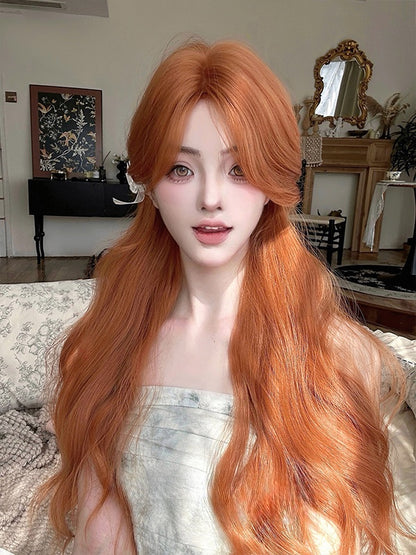 Orange Long Wavy Synthetic Wig With Curtain Bangs