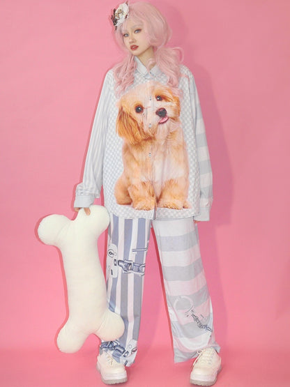Mode Grau Kariert Welpen Muster Druck Gestreiften Gyaru Hemd Und