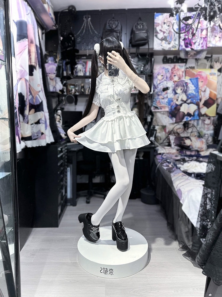 Stufenrock Strass Verziert Jirai Kei Schwarz/Weiß/SchwarzWeiß Herz