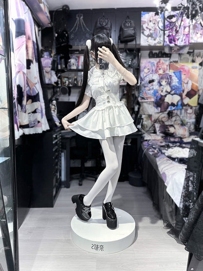 Stufenrock Strass Verziert Jirai Kei Schwarz/Weiß/SchwarzWeiß Herz