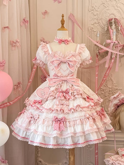Ruffle One Piece Pink White Sweet Princess and Bow Dress Theme Lolita Bunny Accents