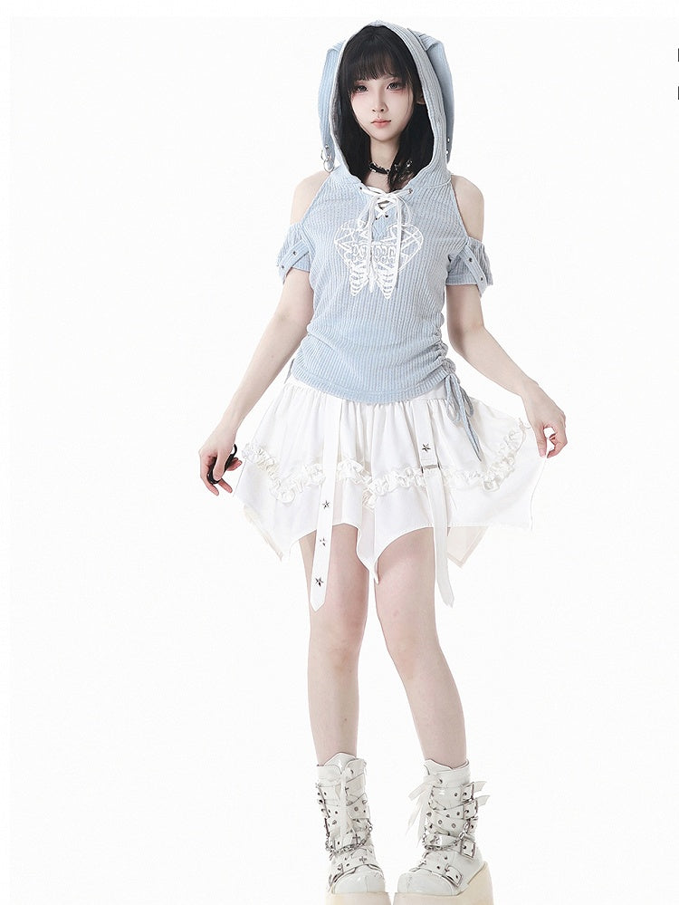 Blue Lace-up Hood T-Shirt Light Drawstring Waist Bunny Ear Design Neckline