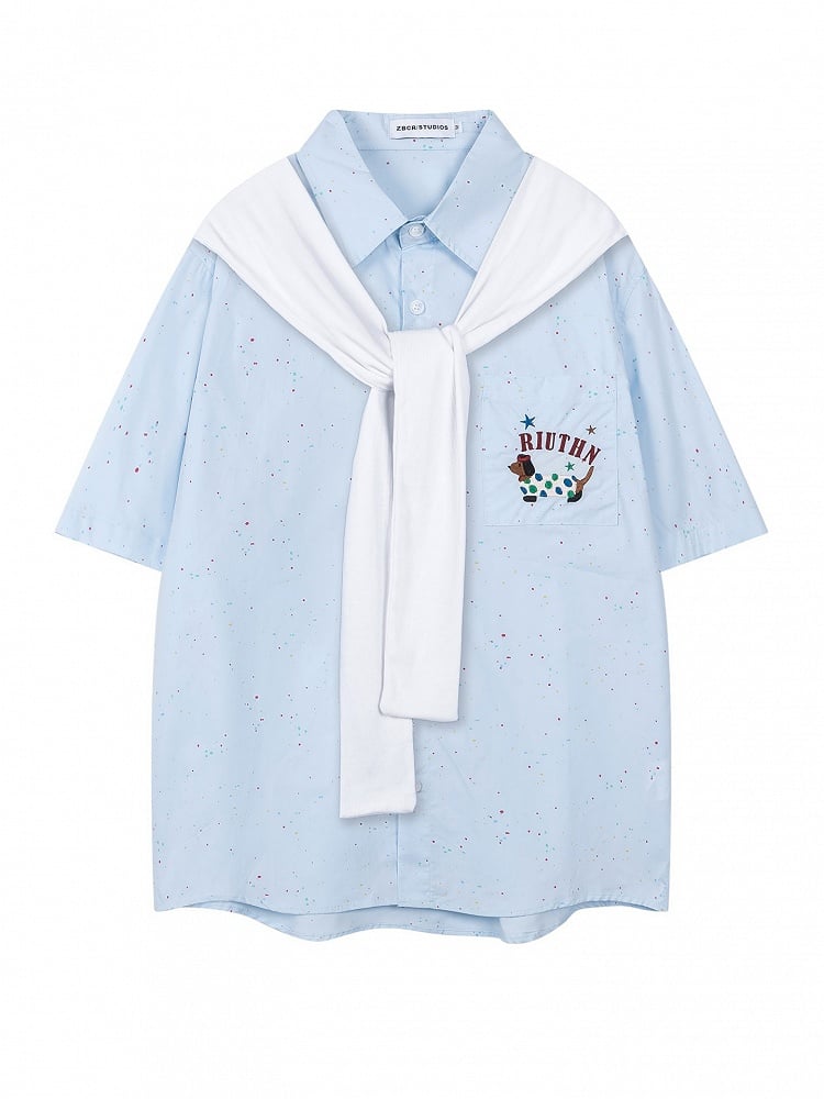 Short/long Sleeves Shirt with Decorated Blue Faux Sleeves and Adorable Dog Embroidery