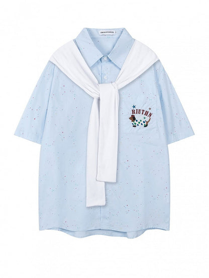 Short/long Sleeves Shirt with Decorated Blue Faux Sleeves and Adorable Dog Embroidery