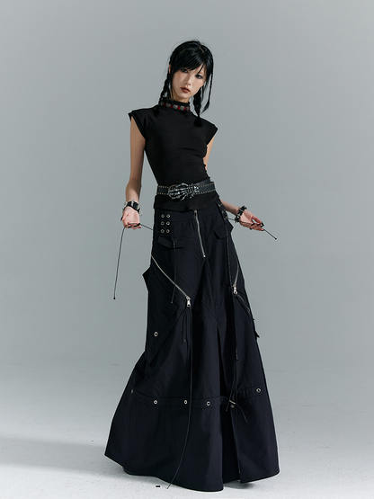 Black A-Line with Buckles Punk Pockets Metal Skirt Zippered