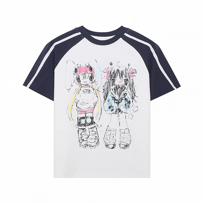 and Black White Design Colorblock Print T-Shirt Anime Graffiti