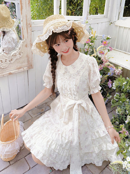 Bow Floral Dress White Peter Pan Collar Self-tie Waist Sweet