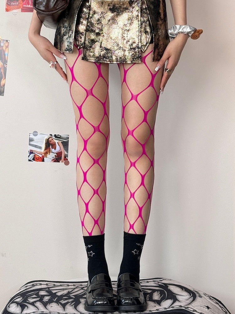 Tights Cut-out Black/Rose Red Fishnet Design Y2K