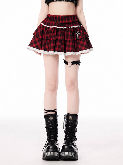 Red and Black Plaid Tiered Skirt